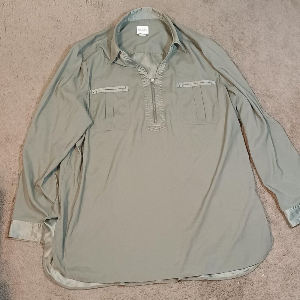 Chico's Blouse Women 2 (12) Olive Green Half Zip Utility Top Roll Tab Sleeves Ca